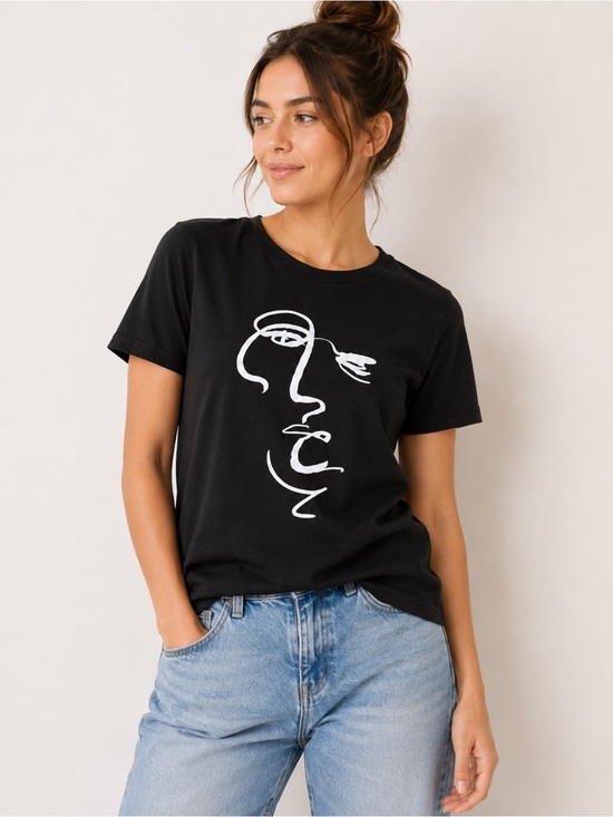 SHEIN Tops - Black Graphic Tee with Abstract White Face Small